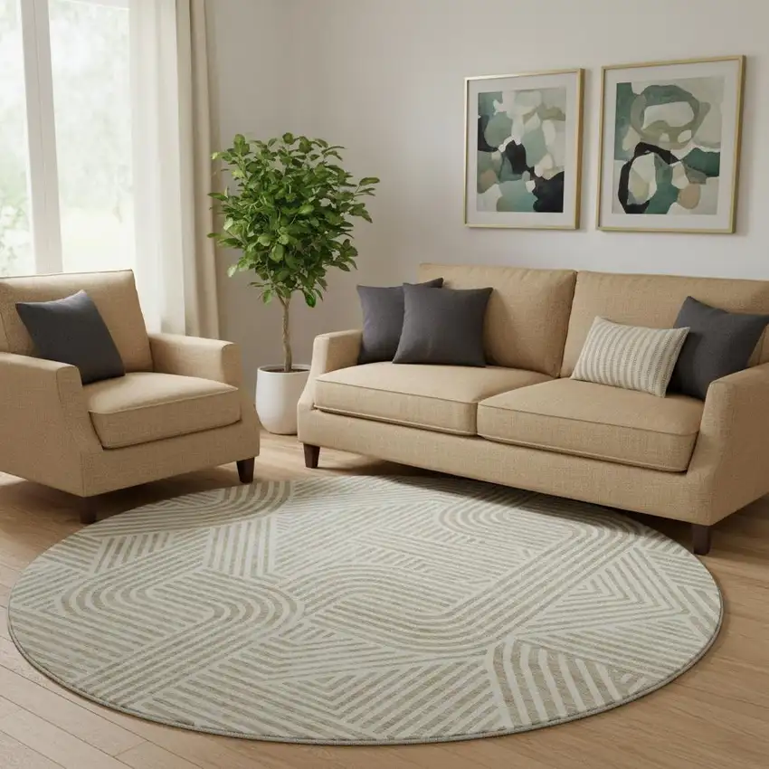 8' Beige And Ivory Abstract Geometric Washable Round Rug With UV Protection Photo 1