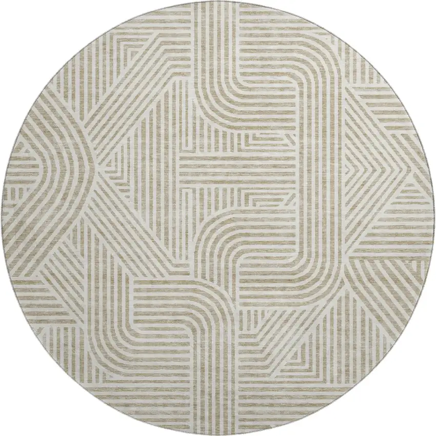 8' Beige And Ivory Abstract Geometric Washable Round Rug With UV Protection Photo 1