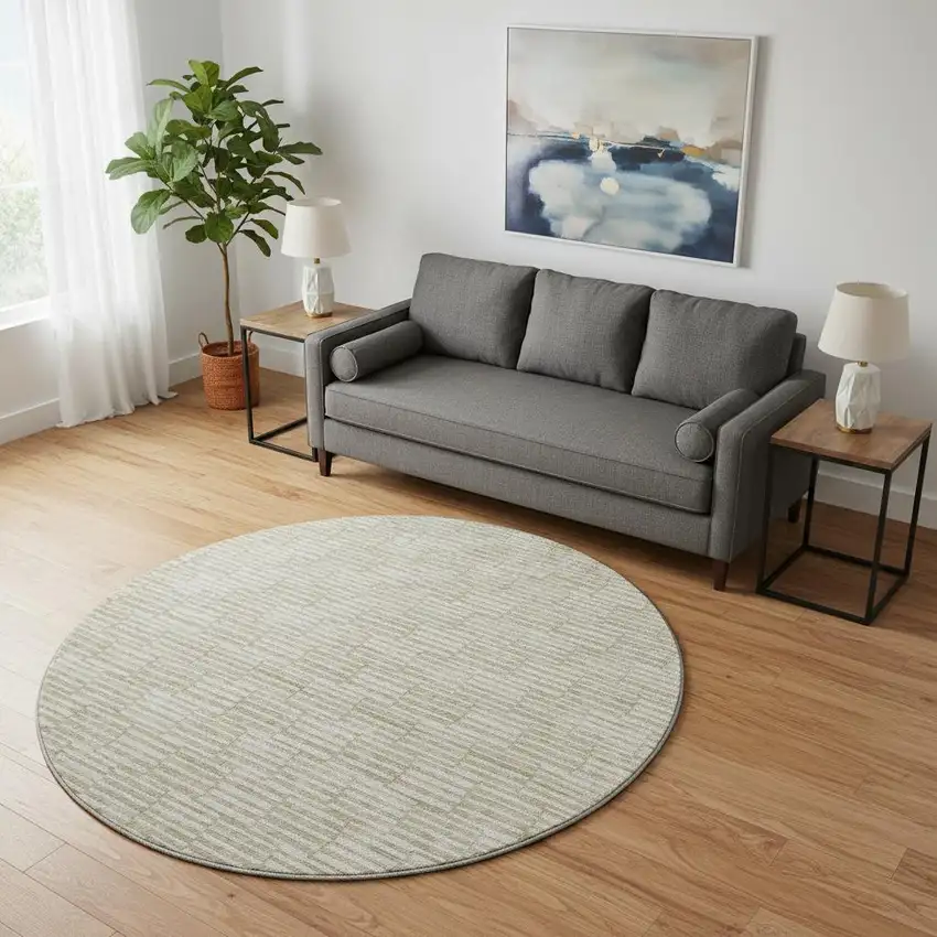 8' Beige And Ivory Abstract Geometric Washable Round Rug With UV Protection Photo 2