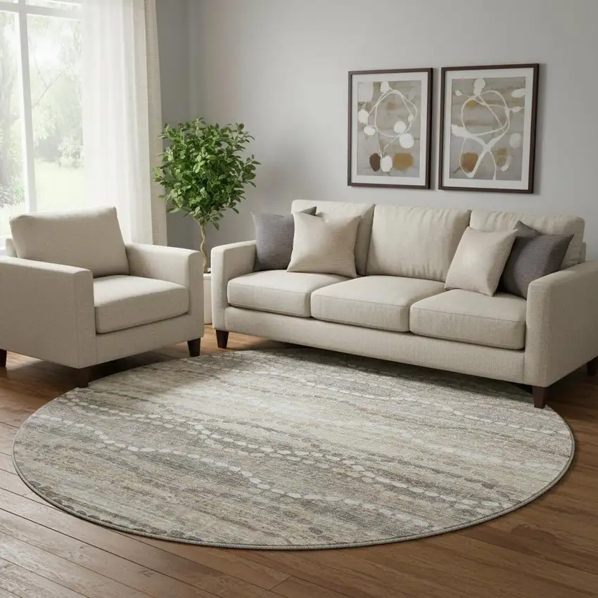 8' Beige And Ivory Abstract Geometric Washable Round Rug With UV Protection Photo 2