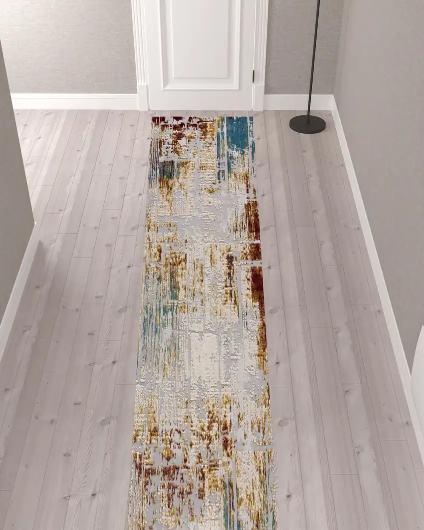 15' Beige And Ivory Abstract Runner Rug Photo 1