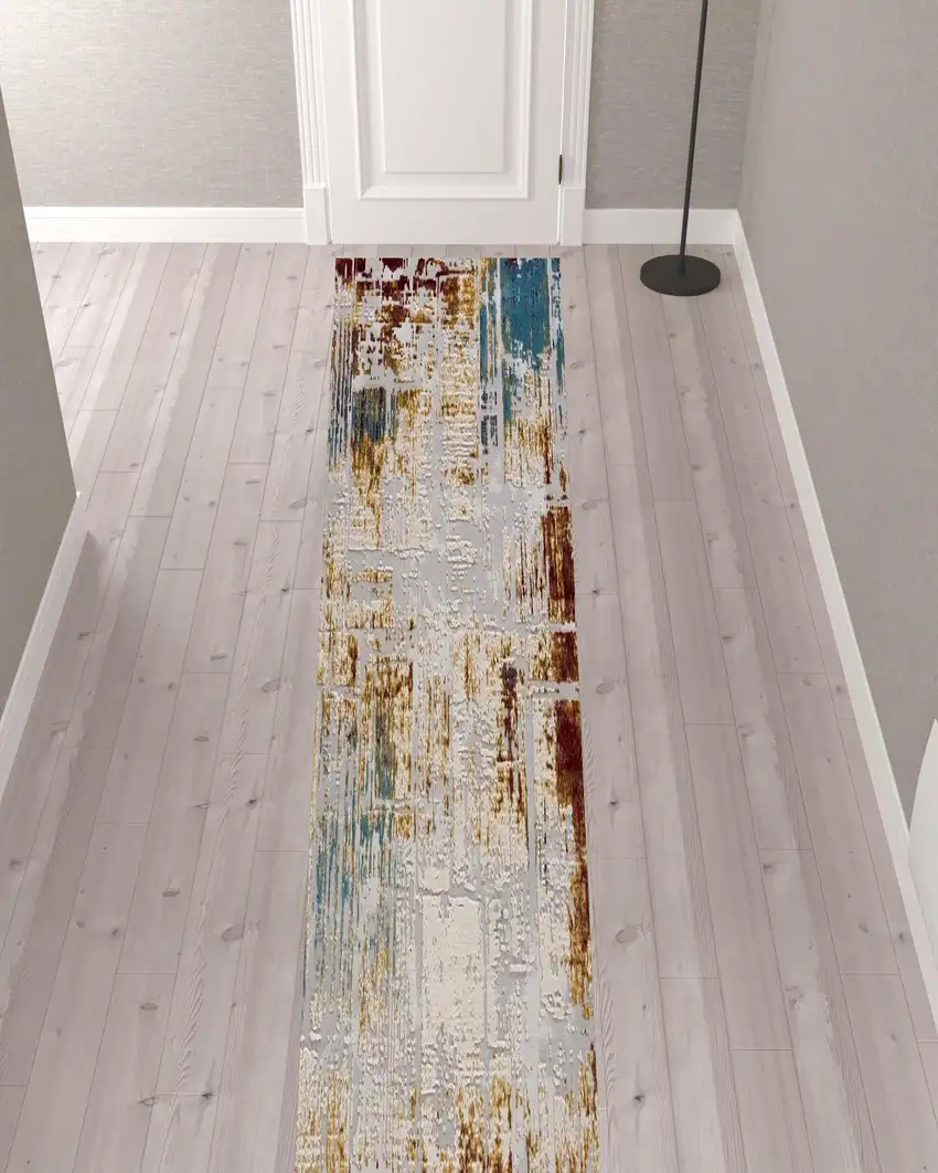 20' Beige And Ivory Abstract Runner Rug Photo 1