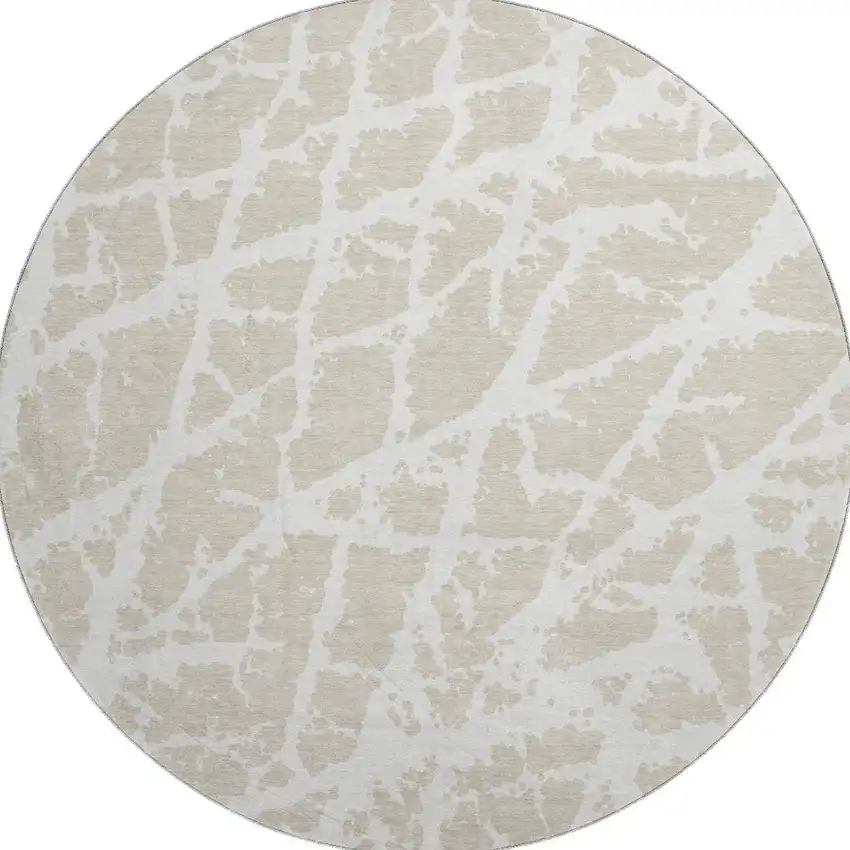 8' Beige And Ivory Abstract Washable Round Rug With UV Protection Photo 4