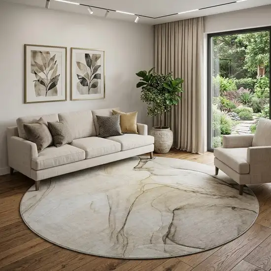 8' Beige And Ivory Abstract Washable Round Rug With UV Protection Photo 1