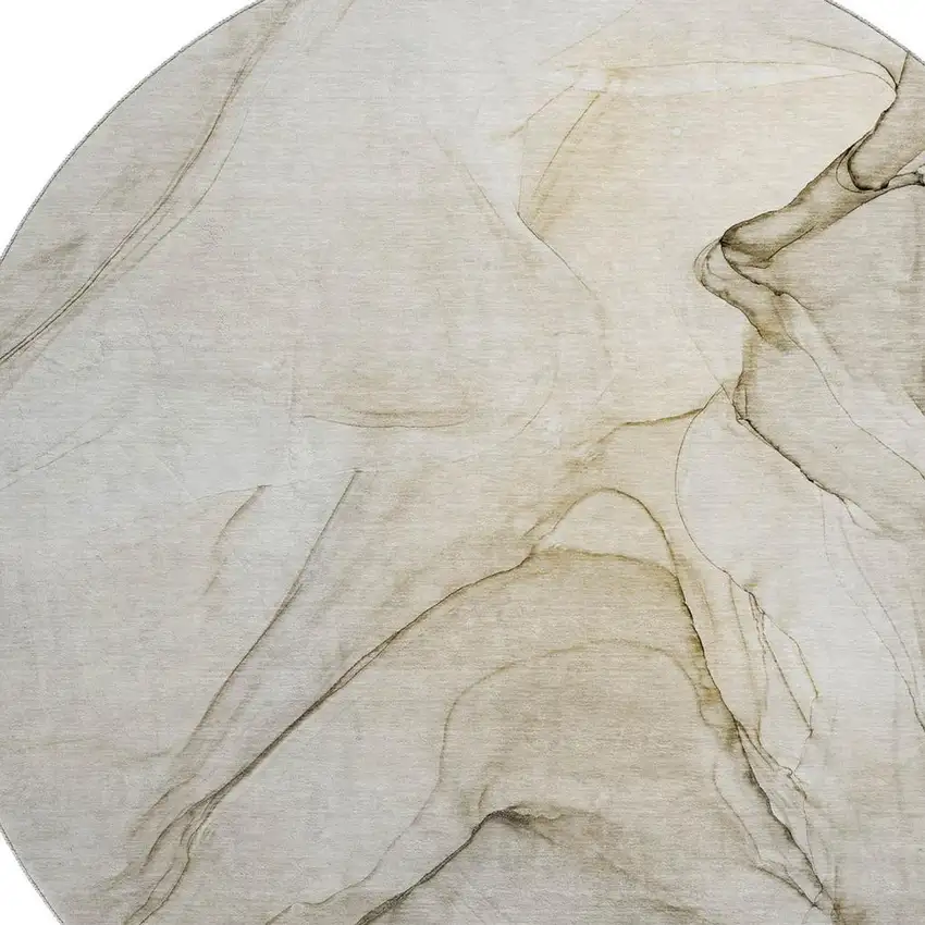 8' Beige And Ivory Abstract Washable Round Rug With UV Protection Photo 4