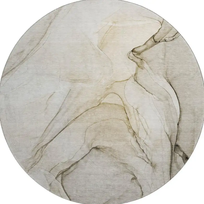 8' Beige And Ivory Abstract Washable Round Rug With UV Protection Photo 5