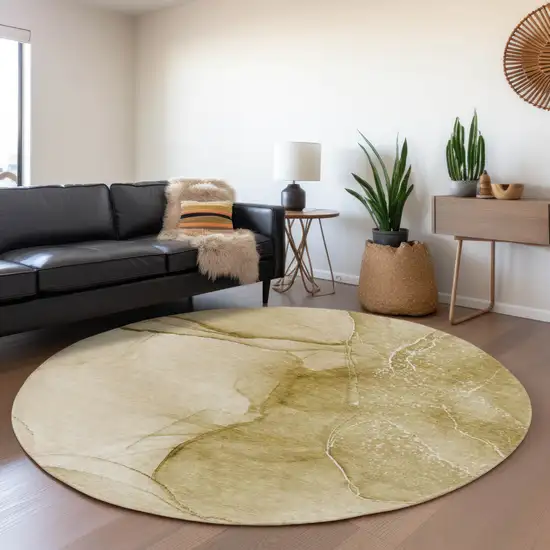 8' Beige And Ivory Abstract Washable Round Rug With UV Protection Photo 5
