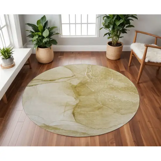 8' Beige And Ivory Abstract Washable Round Rug With UV Protection Photo 2
