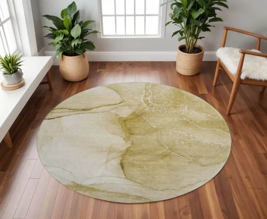 8' Beige And Ivory Abstract Washable Round Rug With UV Protection Photo 2