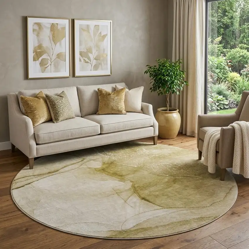 8' Beige And Ivory Abstract Washable Round Rug With UV Protection Photo 1