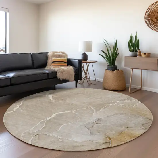 8' Beige And Ivory Abstract Washable Round Rug With UV Protection Photo 5
