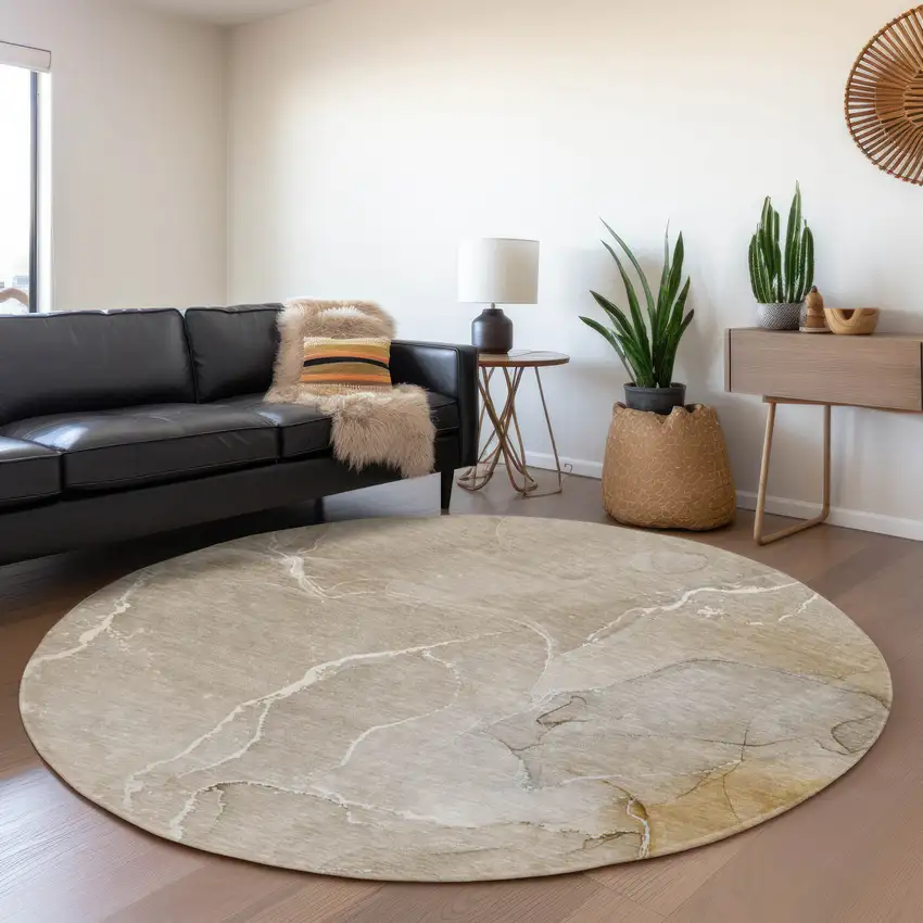 8' Beige And Ivory Abstract Washable Round Rug With UV Protection Photo 5