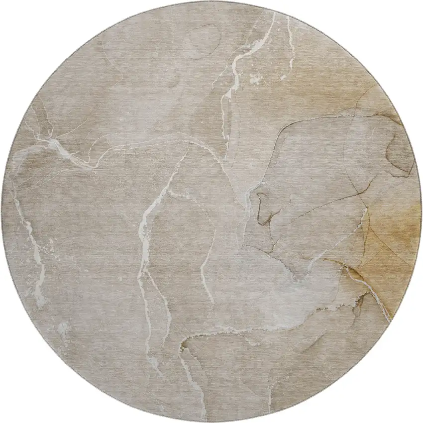 8' Beige And Ivory Abstract Washable Round Rug With UV Protection Photo 1