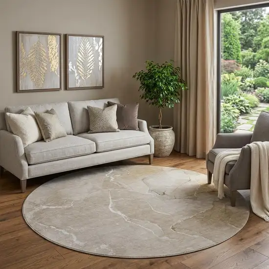 8' Beige And Ivory Abstract Washable Round Rug With UV Protection Photo 1