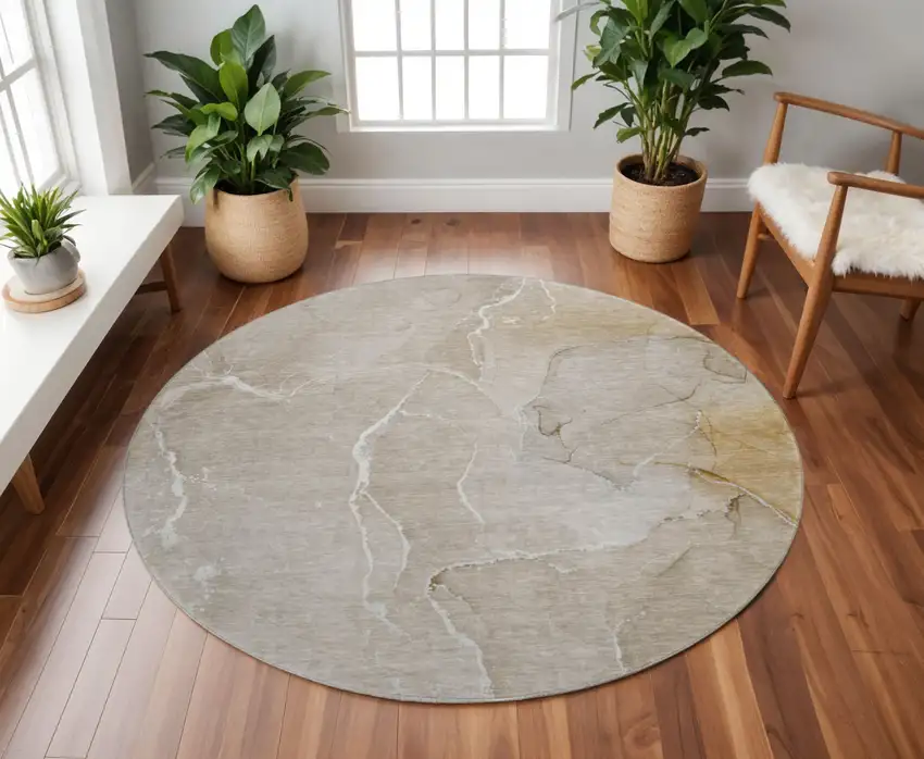 8' Beige And Ivory Abstract Washable Round Rug With UV Protection Photo 2
