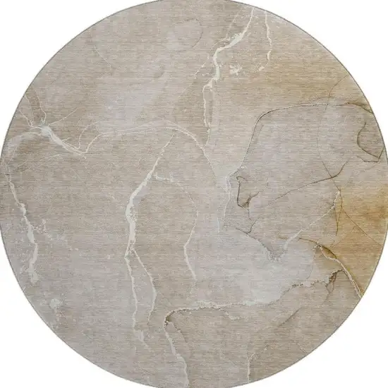 8' Beige And Ivory Abstract Washable Round Rug With UV Protection Photo 4