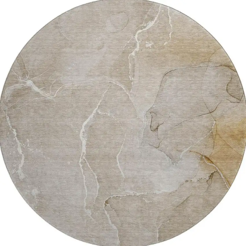 8' Beige And Ivory Abstract Washable Round Rug With UV Protection Photo 4