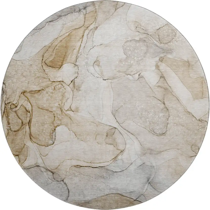 8' Beige And Ivory Abstract Washable Round Rug With UV Protection Photo 2