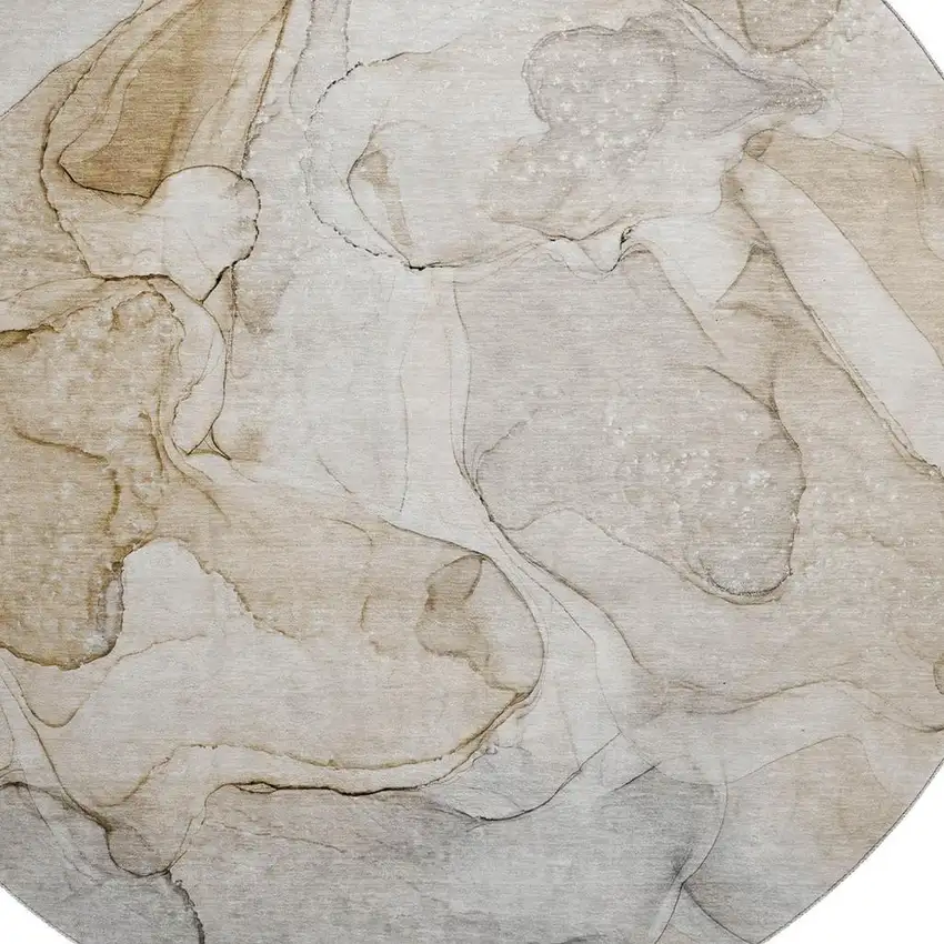 8' Beige And Ivory Abstract Washable Round Rug With UV Protection Photo 3