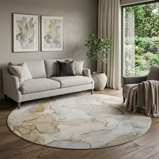8' Beige And Ivory Abstract Washable Round Rug With UV Protection Photo 1