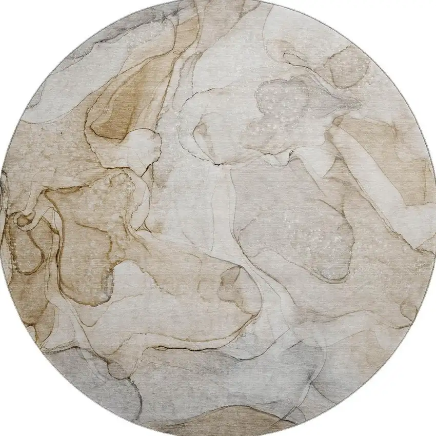 8' Beige And Ivory Abstract Washable Round Rug With UV Protection Photo 4