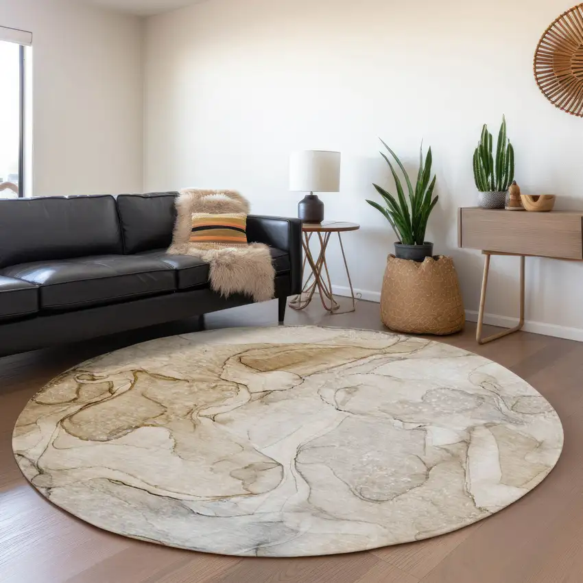 8' Beige And Ivory Abstract Washable Round Rug With UV Protection Photo 5