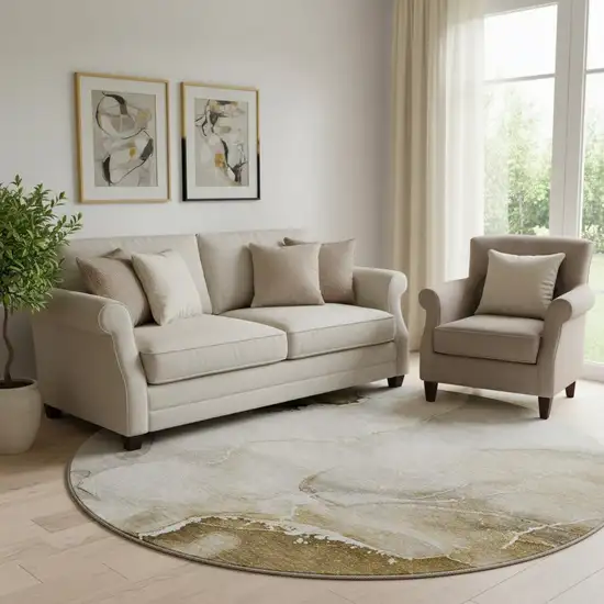 8' Beige And Ivory Abstract Washable Round Rug With UV Protection Photo 1