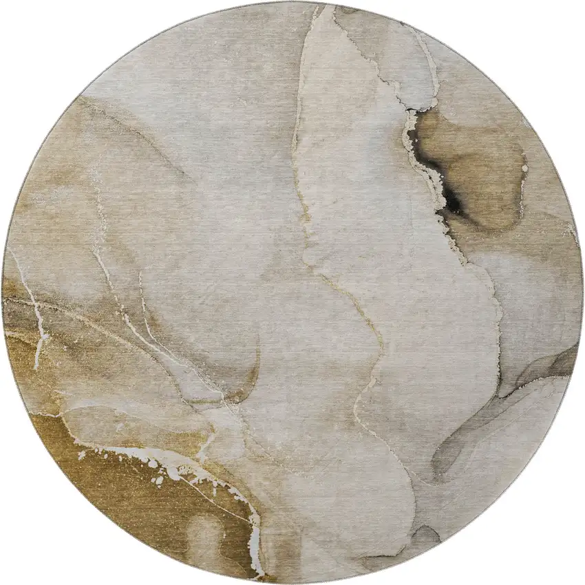 8' Beige And Ivory Abstract Washable Round Rug With UV Protection Photo 4
