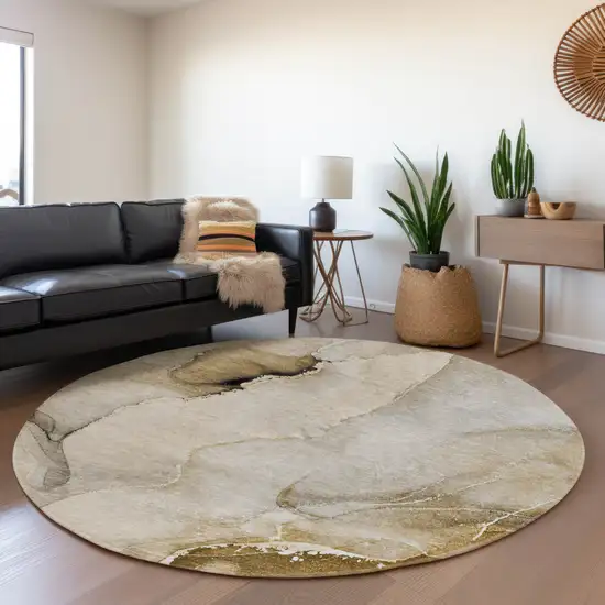 8' Beige And Ivory Abstract Washable Round Rug With UV Protection Photo 5
