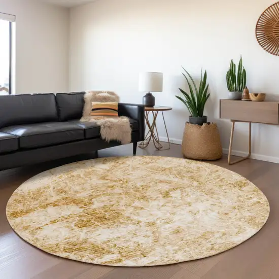 8' Beige And Ivory Abstract Washable Round Rug With UV Protection Photo 4