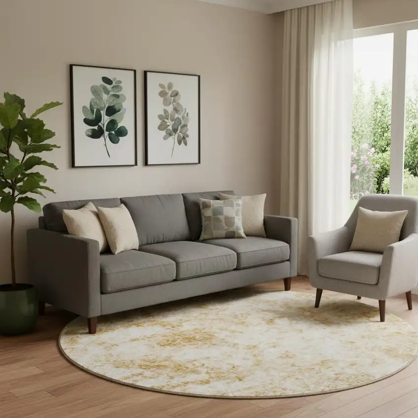 8' Beige And Ivory Abstract Washable Round Rug With UV Protection Photo 1