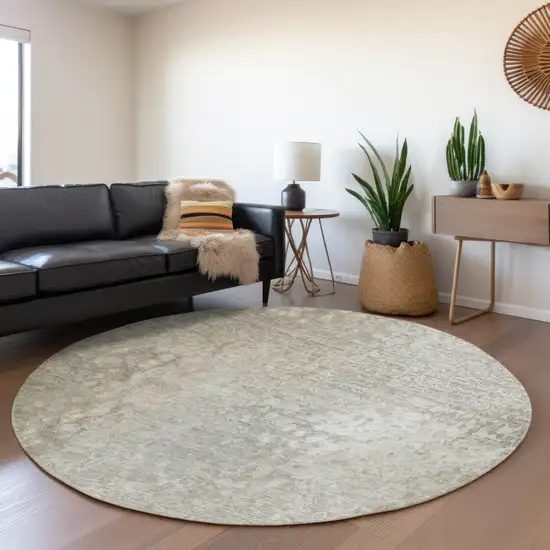 8' Beige And Ivory Abstract Washable Round Rug With UV Protection Photo 5