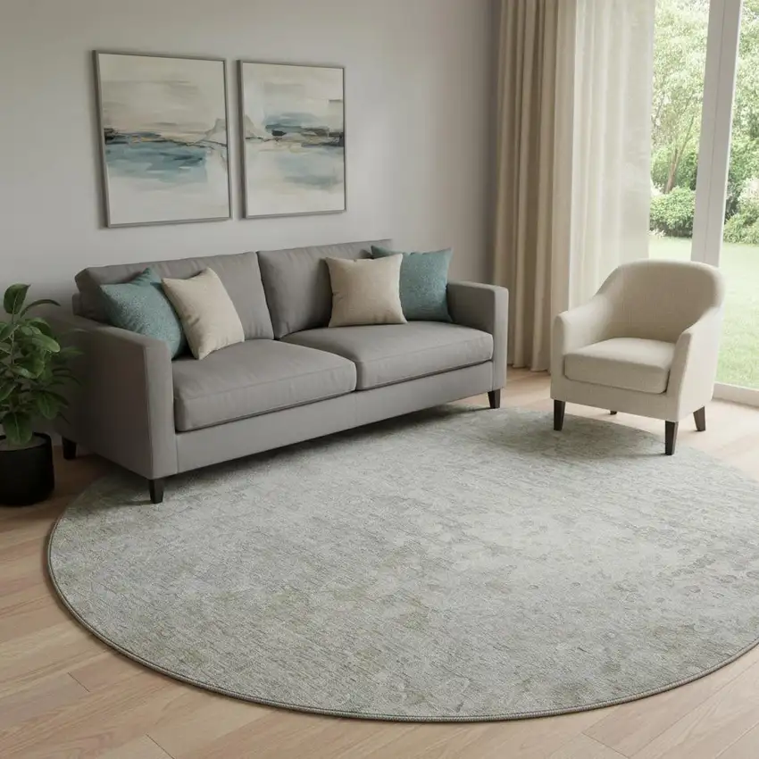 8' Beige And Ivory Abstract Washable Round Rug With UV Protection Photo 1