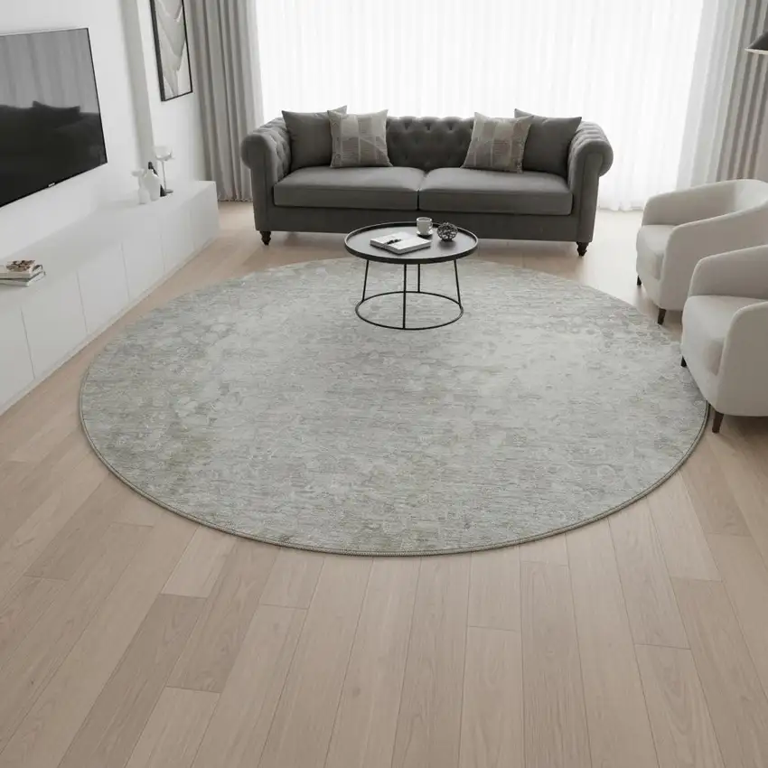 8' Beige And Ivory Abstract Washable Round Rug With UV Protection Photo 2