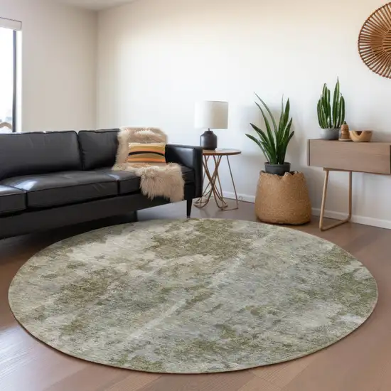 8' Beige And Ivory Abstract Washable Round Rug With UV Protection Photo 4