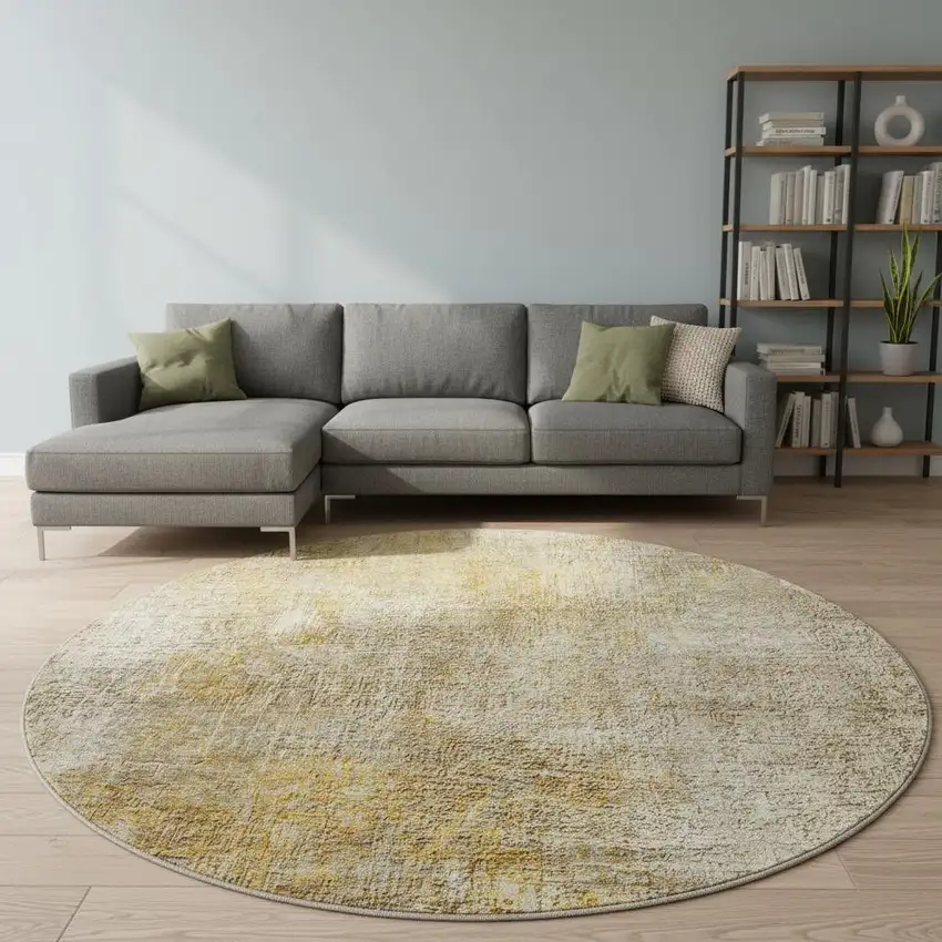 8' Beige And Ivory Abstract Washable Round Rug With UV Protection Photo 2