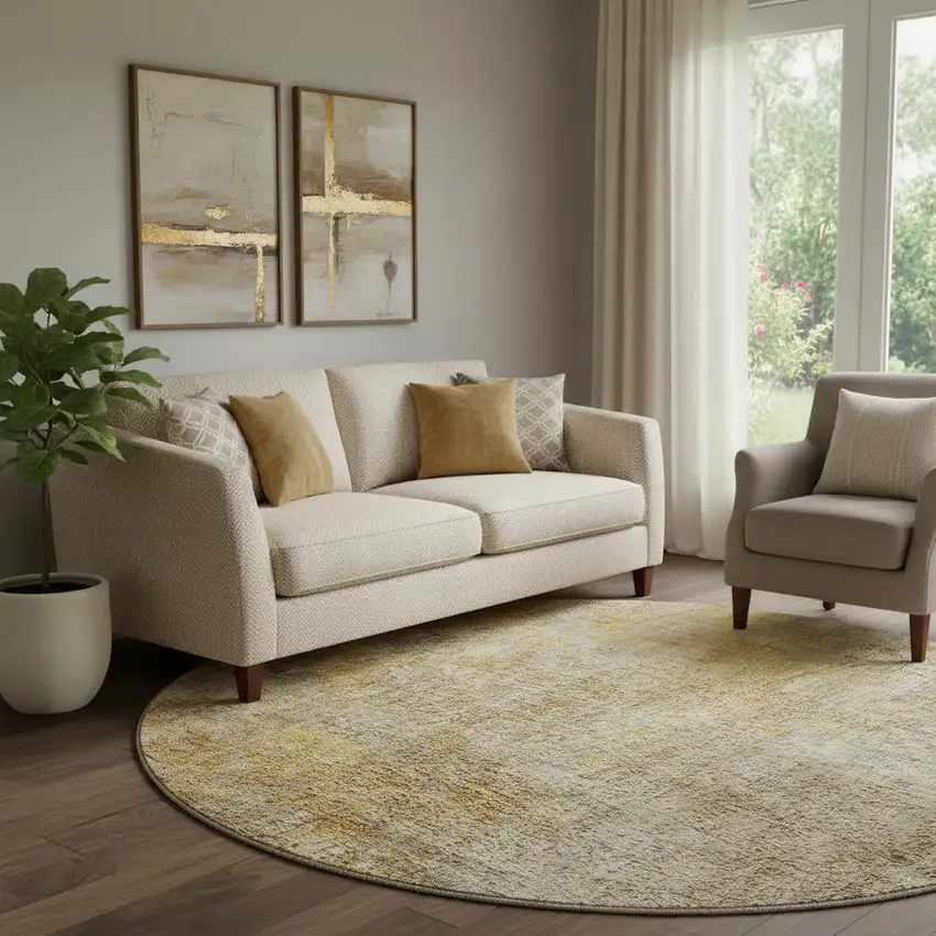 8' Beige And Ivory Abstract Washable Round Rug With UV Protection Photo 1