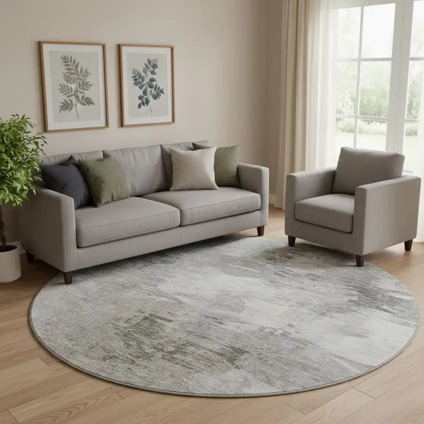 8' Beige And Ivory Abstract Washable Round Rug With UV Protection Photo 1