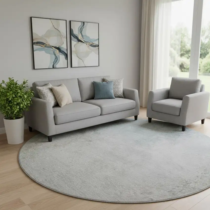 8' Beige And Ivory Abstract Washable Round Rug With UV Protection Photo 1