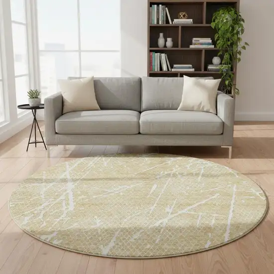 8' Beige And Ivory Abstract Washable Round Rug With UV Protection Photo 2