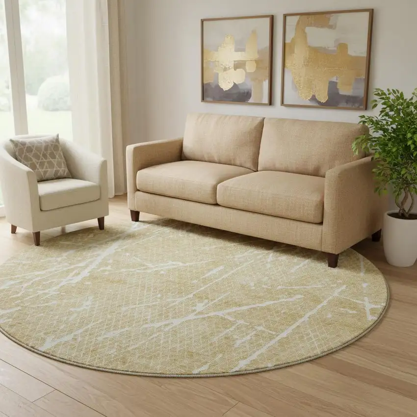 8' Beige And Ivory Abstract Washable Round Rug With UV Protection Photo 1