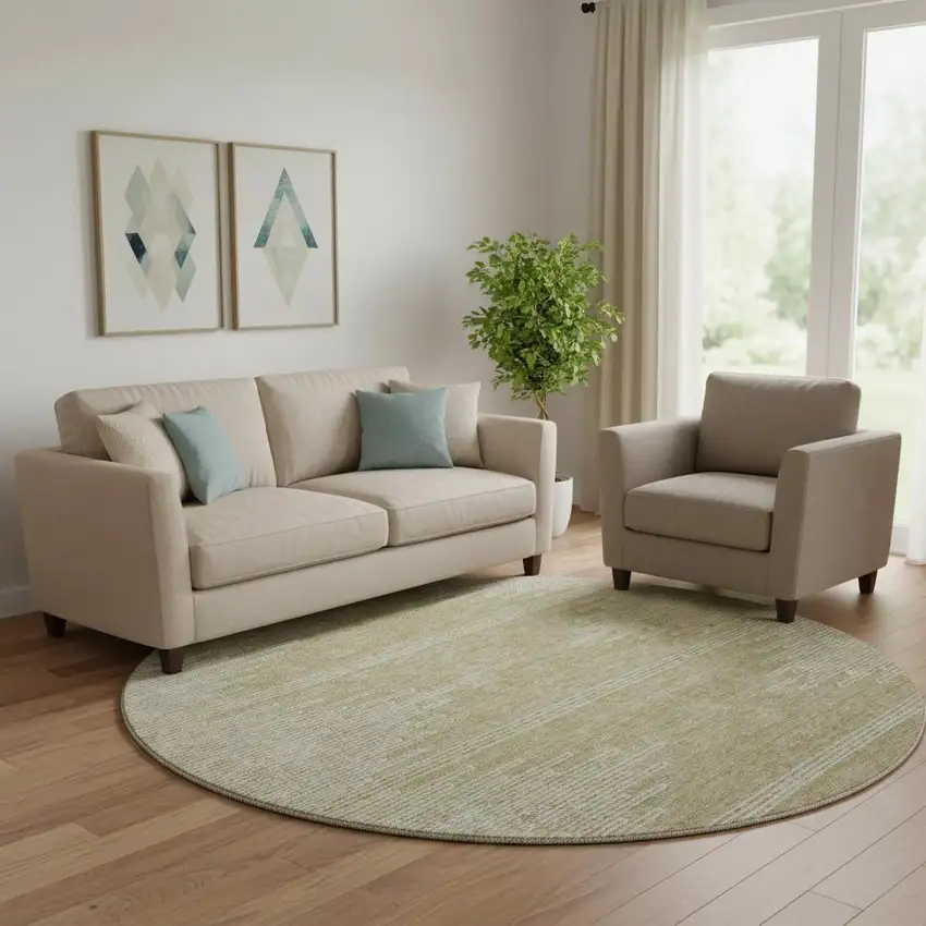 8' Beige And Ivory Abstract Washable Round Rug With UV Protection Photo 1