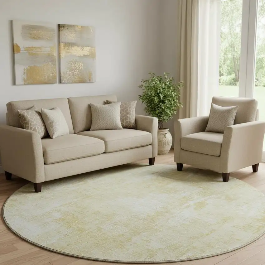 8' Beige And Ivory Abstract Washable Round Rug With UV Protection Photo 1