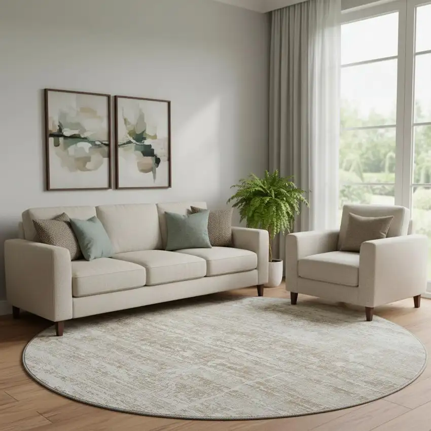 8' Beige And Ivory Abstract Washable Round Rug With UV Protection Photo 1