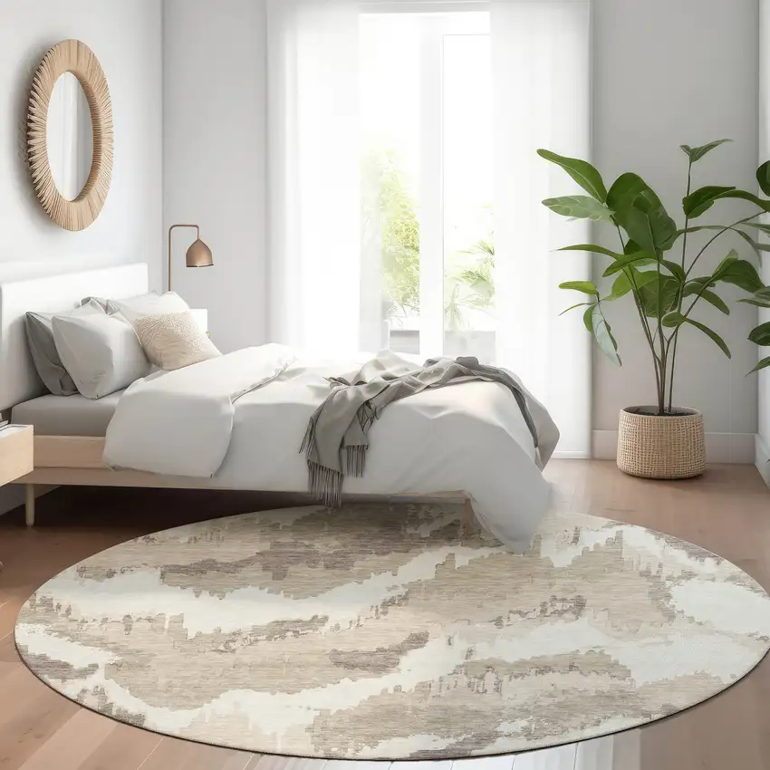 8' Beige And Ivory Abstract Washable Round Rug With UV Protection Photo 5