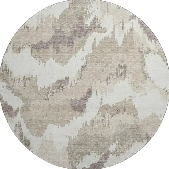 8' Beige And Ivory Abstract Washable Round Rug With UV Protection Photo 4