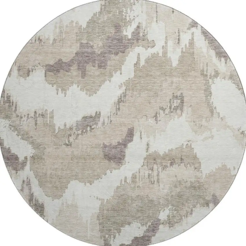 8' Beige And Ivory Abstract Washable Round Rug With UV Protection Photo 4