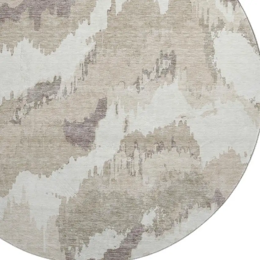 8' Beige And Ivory Abstract Washable Round Rug With UV Protection Photo 3