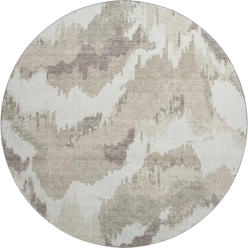 8' Beige And Ivory Abstract Washable Round Rug With UV Protection Photo 1