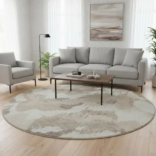 8' Beige And Ivory Abstract Washable Round Rug With UV Protection Photo 2